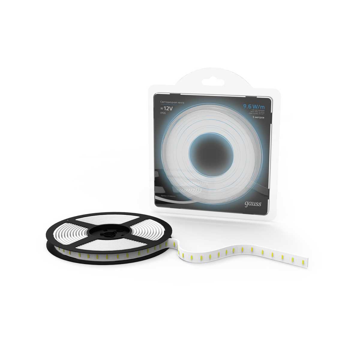фото светодиодная влагозащищенная лента gauss 9,6w/m 120led/m 2835smd холодный белый 5m 311000310 | 220svet.ru