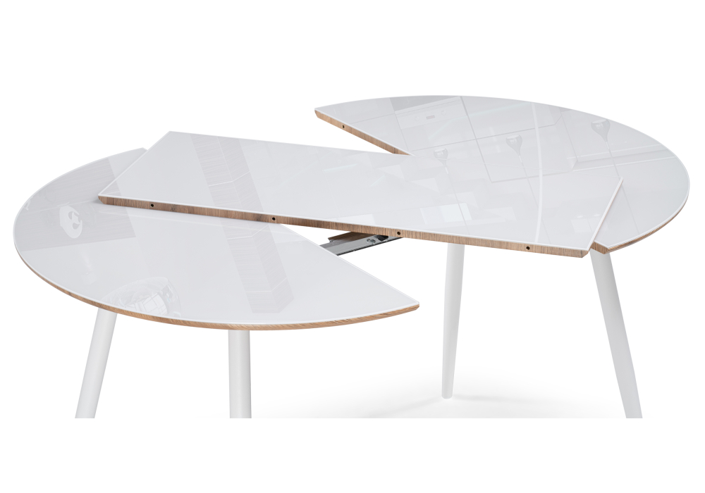 фото стол стеклянный woodville абилин 100(140)х76 ультра белое стекло / дуб вотан / белый матовый 516545 | 220svet.ru